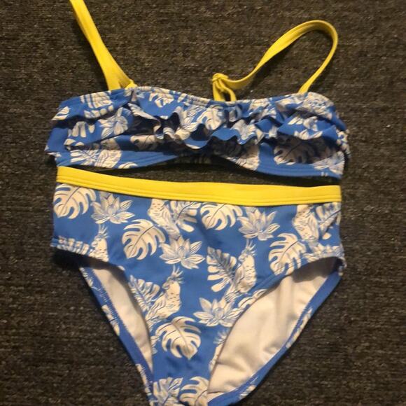Mini Boden Brand SIze 6-7 Blue & Yellow Tropical print  2 Piece Frill Bikini - Picture 3 of 5